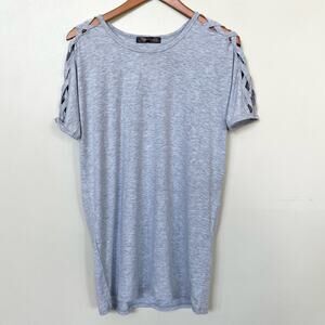 NEW Shiela Rose Shoulder Criss Cross Lattice Cut Out Detail Grey Top Women Small